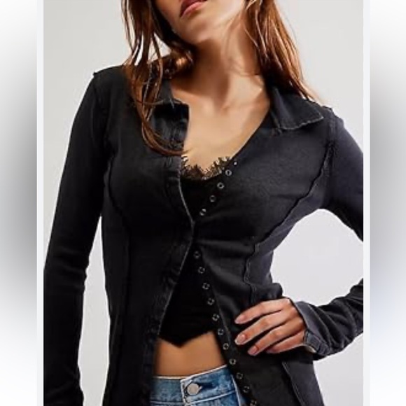 Free People Tops - Free People Black Fitted Buttoned Blouse M